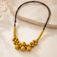 Vintage Handmade Ceramic Beads Pendant Necklace for Women Yellow Beaded Rope Chain