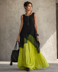 Daily Chiffon Two Piece Skirt Sets Casual Black O Neck See Through Irregular Hem Sleeveless Top with Long Skirt Elegant Suits
