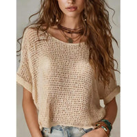 Women's New Sweater Blouses Summer Fashion Loose Boho Crochet Solid O-neck Simple Sweater Short Sleeve Tops For Women Clothing