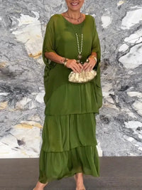 Olive Green Layered Maxi Dress Chic Beach Holiday Style Women's Loose Fit Knitted Cake Skirt Five Sleeve Elegant Summer Dress