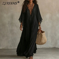 Vintage Solid Lace Long Dresses Women Deep V Neck Wide Flared Sleeve  Folds Loose Tiered Maxi Dress Elegant Holiday Travel Dress