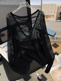 Striped Knitwear Women's Thin Spring Summer New Net Shirt Long Sleeve Loose Lazy Style Cover up Sexy Hollow out Top