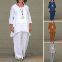 New 2026 Women's Cotton-Like Linen Fashion Casual plus Size Uneven Long Sleeve Two-Piece Set Wide Leg Pants Ensemble