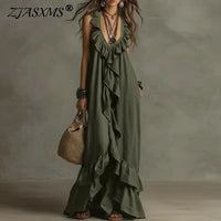 Women's Boho Ruffle Irregular Hem Maxi Dress Spring Deep V Neck Loose Party Long Dresses New Summer Sleeveless Solid Beach Dress
