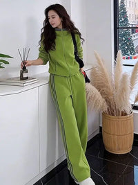 Trendy Hooded Fleece Lined Sweatshirt Set Women's Winter Warm Plush Outerwear Casual Wide Leg Pants Two Piece Ensemble