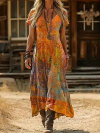 Summer Boho Floral Print V-Neck Short Sleeve Maxi Dress Loose Fit Slimming Ethnic Style Vacation Dress