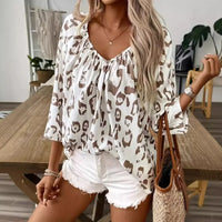 Women's Leopard Print Blouse, V-Neck Gathered Neck 3/4 Sleeve Loose Fit Casual Top, Flowy Boho Style Shirt for Everyday Wear
