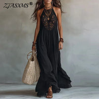 Women’s Halter Neck Maxi Dress New Lace Sleeveless Flowy Loose A-Line Dress Bohemian Casual Solid Hem Beach Holiday Long Dresses