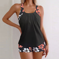 Printed Flower Tankini Set  Girl Swimwear Adjustable Strap Vest Bra Female Flower Shorts Bikini Drawstring Women Beach Set