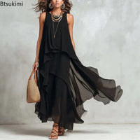 Women's Elegant Solid Dress Summer Casual O Neck Sleeveless Asymmetrical Ruffle Layered Chiffon Maxi Dress Holiday Party Dress