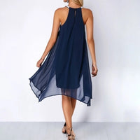 Womens Elegant Sleeveless Irregular Dress Mesh Splicing, Monochromatic, Knee-Length, Summer Fashion